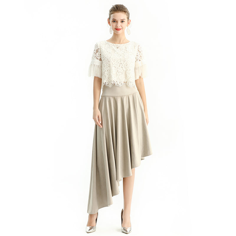 JJparty-S145-1 Women faux suede wide waistband full circle high low asymmetric flare skirt