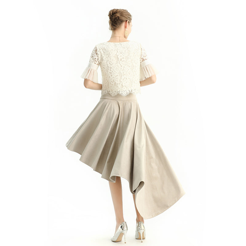 JJparty-S145-1 Women faux suede wide waistband full circle high low asymmetric flare skirt
