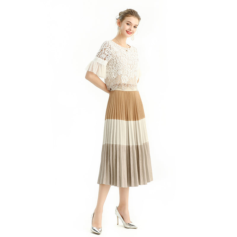 JJparty-S125 Women faux suede color-block full circle sunburst pleated midi skirt