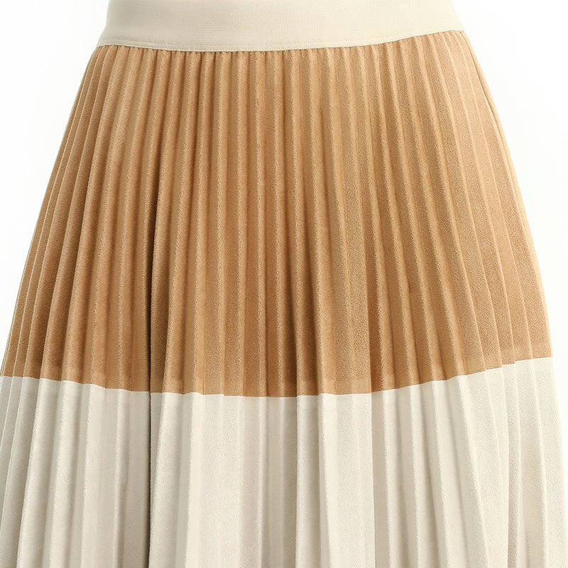 JJparty-S125 Women faux suede color-block full circle sunburst pleated midi skirt