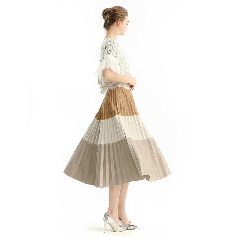 JJparty-S125 Women faux suede color-block full circle sunburst pleated midi skirt