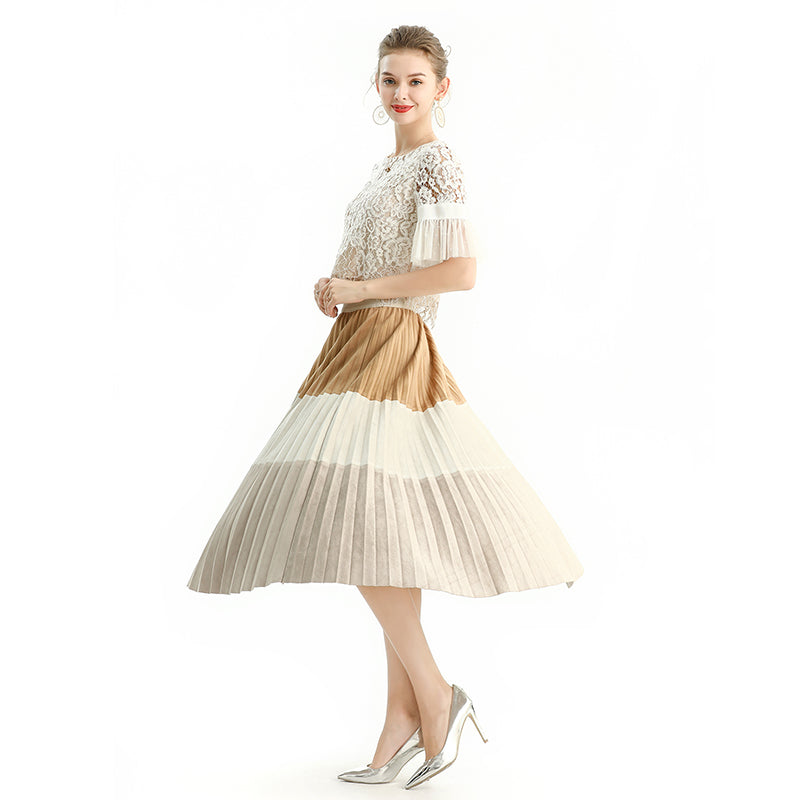 JJparty-S125 Women faux suede color-block full circle sunburst pleated midi skirt