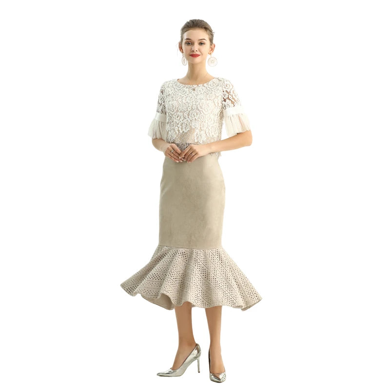 JJparty-S168-1 Women faux suede perforated flounced ruffle mermaid midi skirt