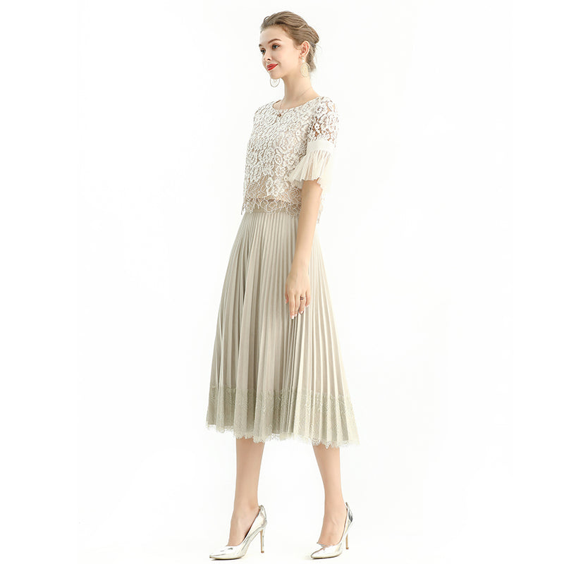 JJparty-S126 Women faux suede lace trimmed full circle sunburst pleated midi skirt