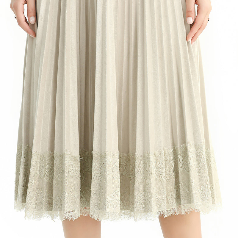 JJparty-S126 Women faux suede lace trimmed full circle sunburst pleated midi skirt