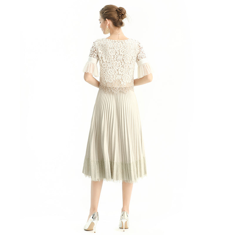 JJparty-S126 Women faux suede lace trimmed full circle sunburst pleated midi skirt