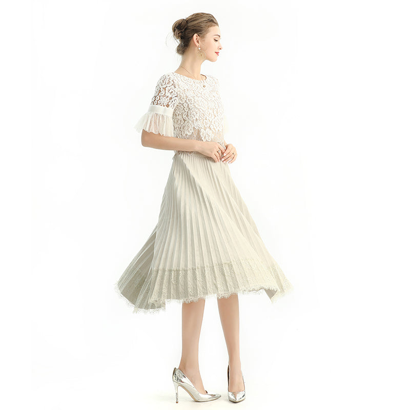 JJparty-S126 Women faux suede lace trimmed full circle sunburst pleated midi skirt