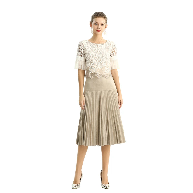 JJparty-S135 Women faux suede yoke design sunburst pleated midi skirt