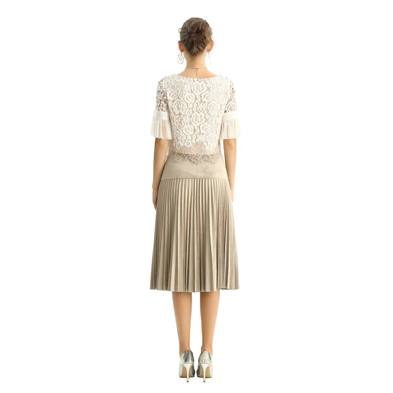 JJparty-S135 Women faux suede yoke design sunburst pleated midi skirt