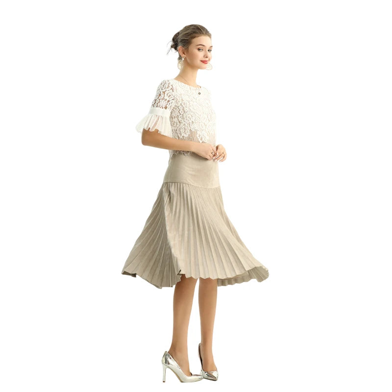JJparty-S135 Women faux suede yoke design sunburst pleated midi skirt