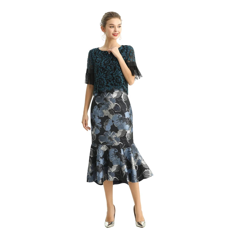 JJparty-S168 Women metallic floral jacquard trumpet ruffle hem mermaid midi skirt
