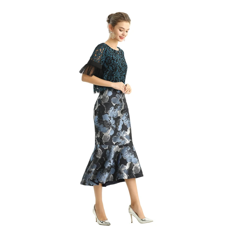 JJparty-S168 Women metallic floral jacquard trumpet ruffle hem mermaid midi skirt