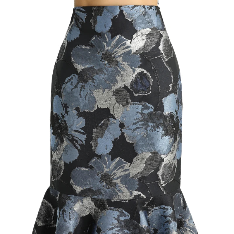 JJparty-S168 Women metallic floral jacquard trumpet ruffle hem mermaid midi skirt