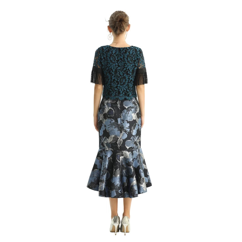 JJparty-S168 Women metallic floral jacquard trumpet ruffle hem mermaid midi skirt