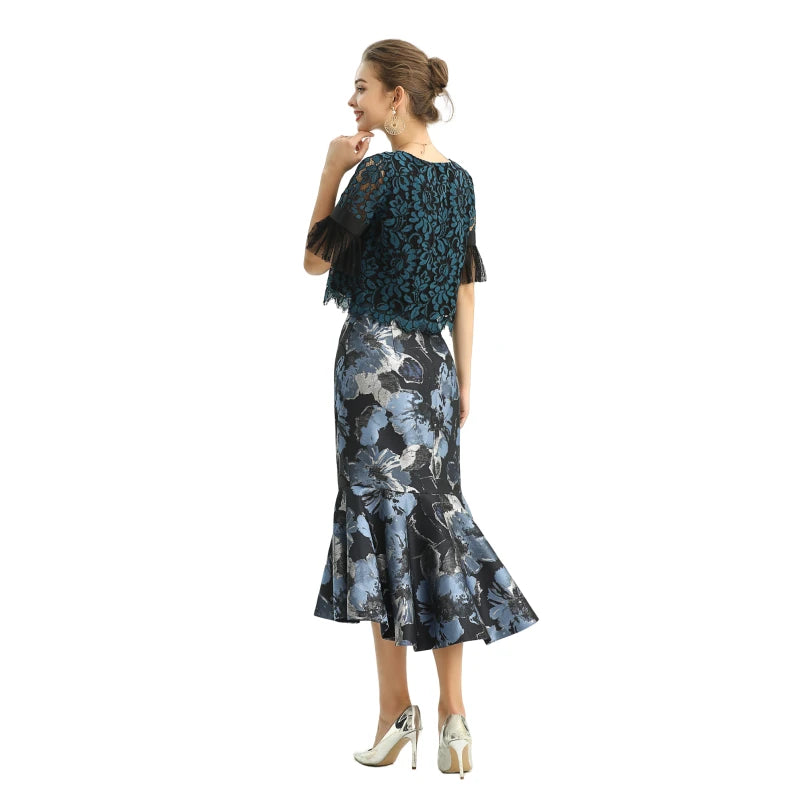 JJparty-S168 Women metallic floral jacquard trumpet ruffle hem mermaid midi skirt