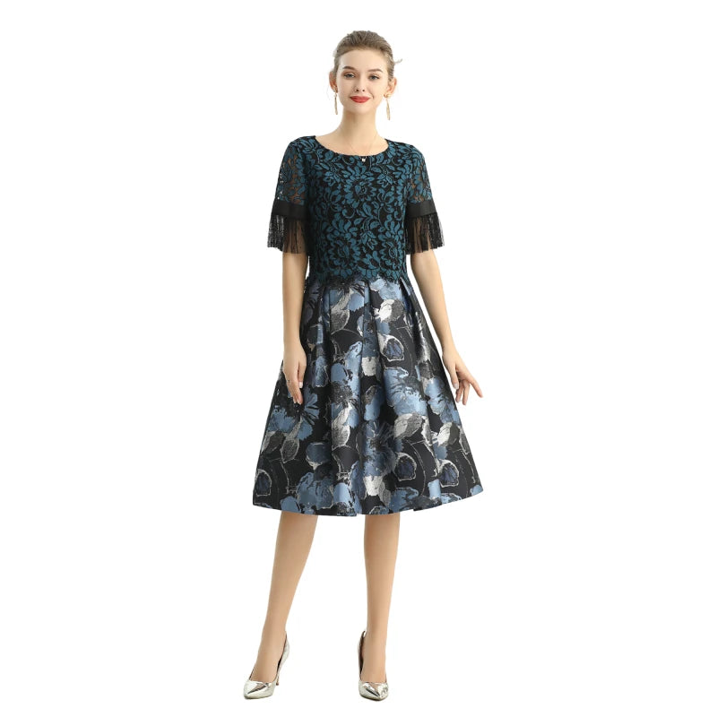JJparty-S137-1 Women metallic floral jacquard inverted pleat A-line midi skirt