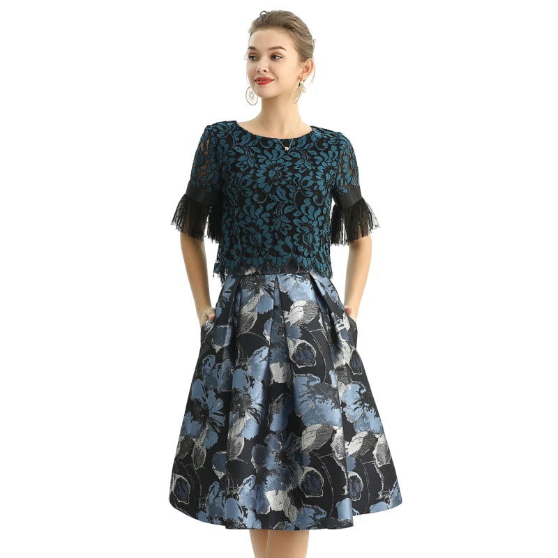 JJparty-S137-1 Women metallic floral jacquard inverted pleat A-line midi skirt