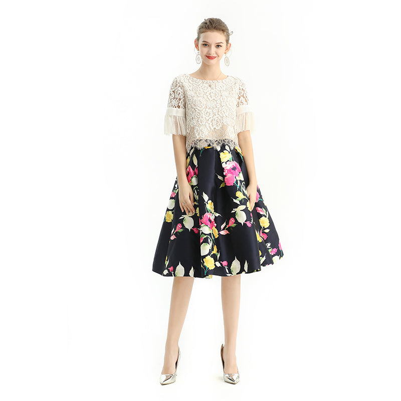 JJparty-S137 Women floral print inverted pleat A-line midi skirt