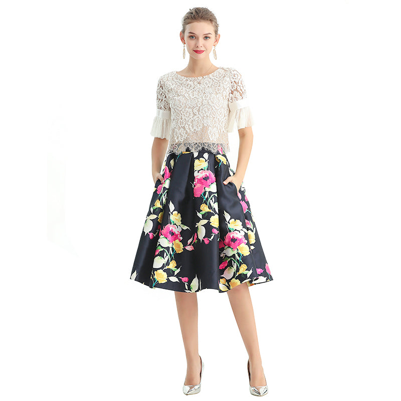 JJparty-S137 Women floral print inverted pleat A-line midi skirt