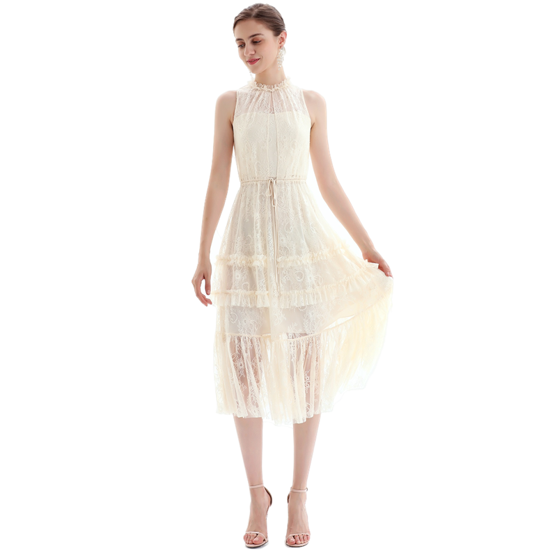 JJparty-D091 Women flower lace sleeveless ruffled detail tiered midi evening dress