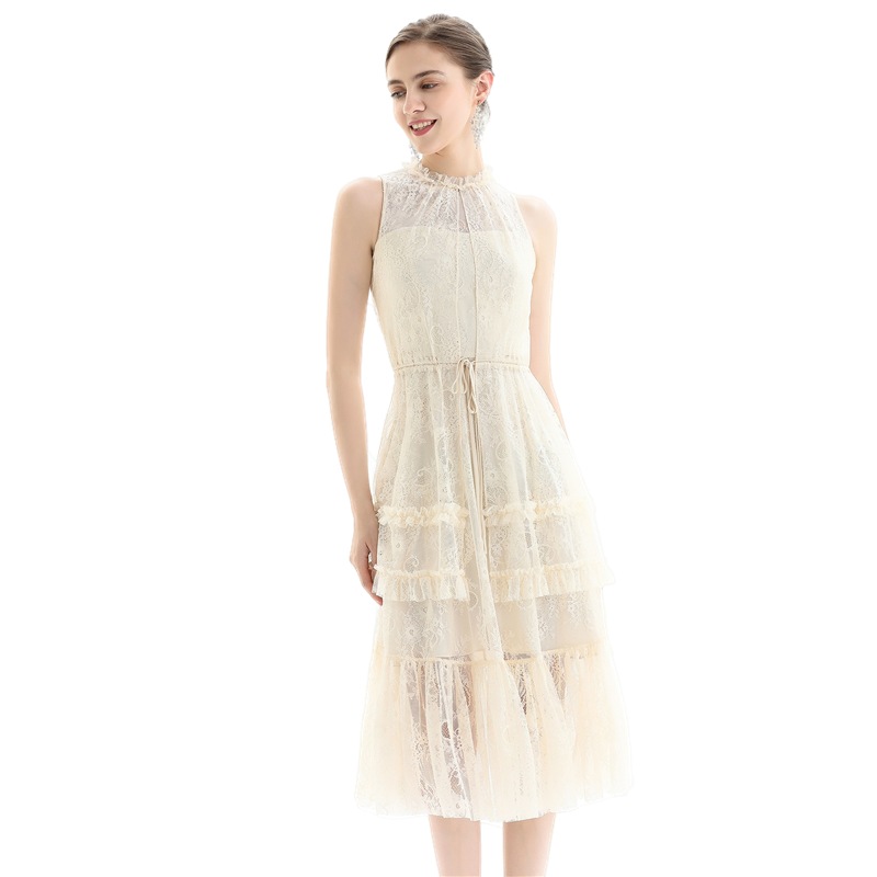 JJparty-D091 Women flower lace sleeveless ruffled detail tiered midi evening dress
