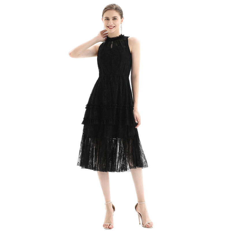 JJparty-D091 Women flower lace sleeveless ruffled detail tiered midi evening dress
