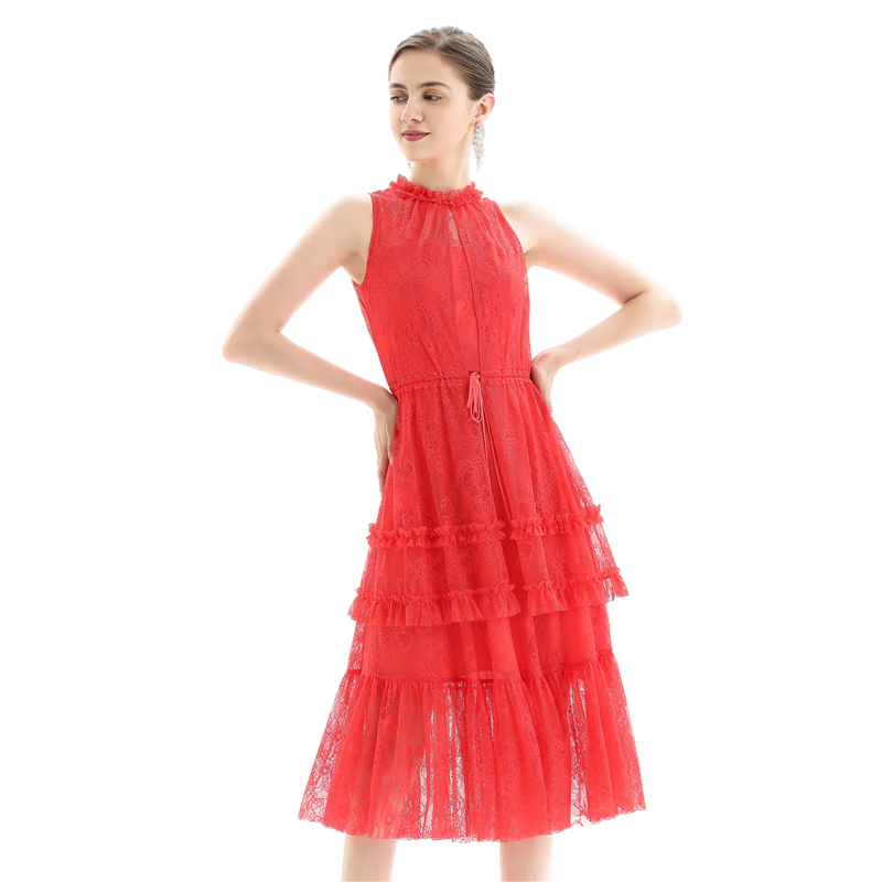JJparty-D091 Women flower lace sleeveless ruffled detail tiered midi evening dress