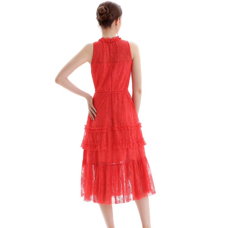 JJparty-D091 Women flower lace sleeveless ruffled detail tiered midi evening dress