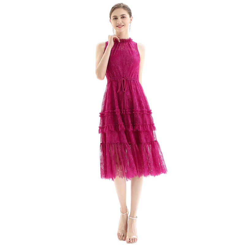 JJparty-D091 Women flower lace sleeveless ruffled detail tiered midi evening dress