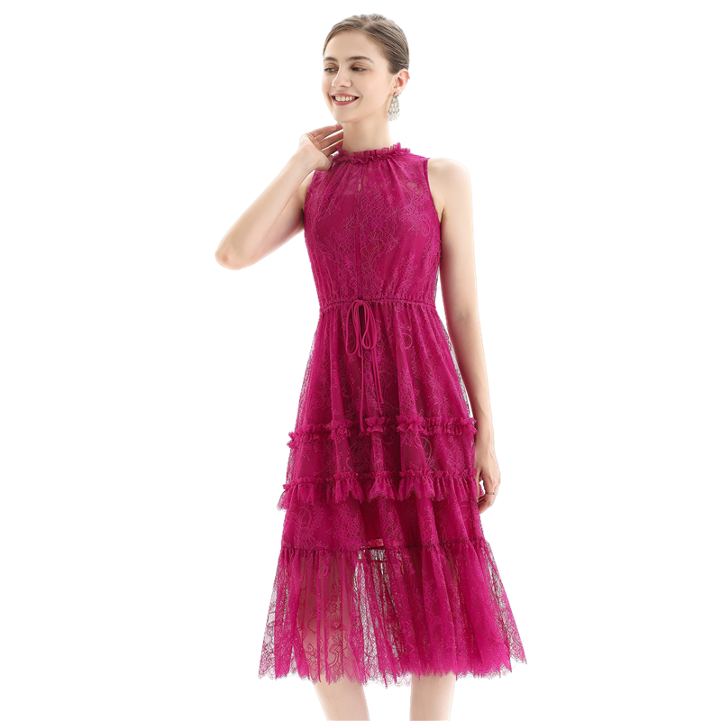JJparty-D091 Women flower lace sleeveless ruffled detail tiered midi evening dress