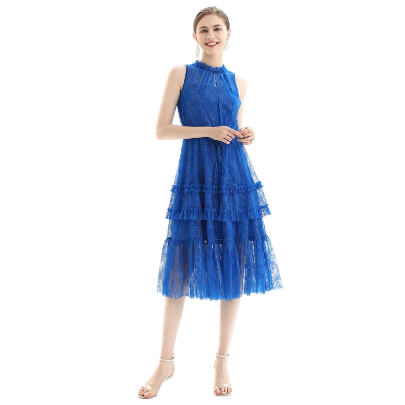 JJparty-D091 Women flower lace sleeveless ruffled detail tiered midi evening dress