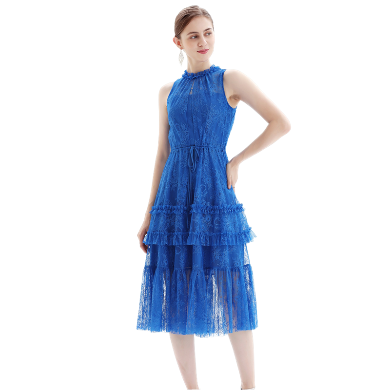 JJparty-D091 Women flower lace sleeveless ruffled detail tiered midi evening dress