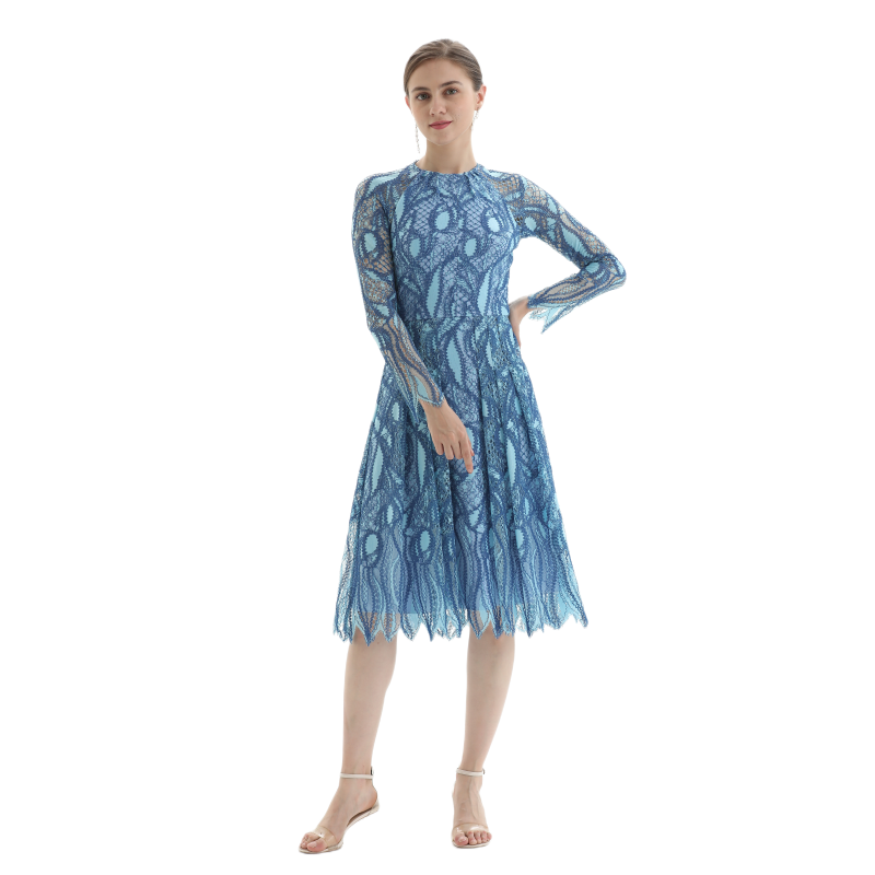 JJparty-D080-1 Women fashion eyelash lace long sleeves flared pleated party midi dress