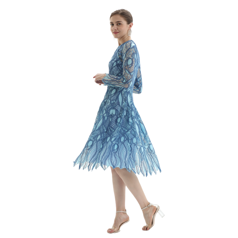 JJparty-D080-1 Women fashion eyelash lace long sleeves flared pleated party midi dress