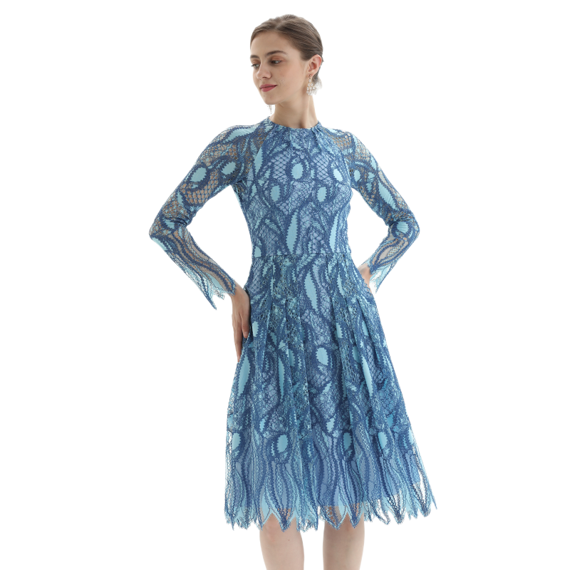 JJparty-D080-1 Women fashion eyelash lace long sleeves flared pleated party midi dress