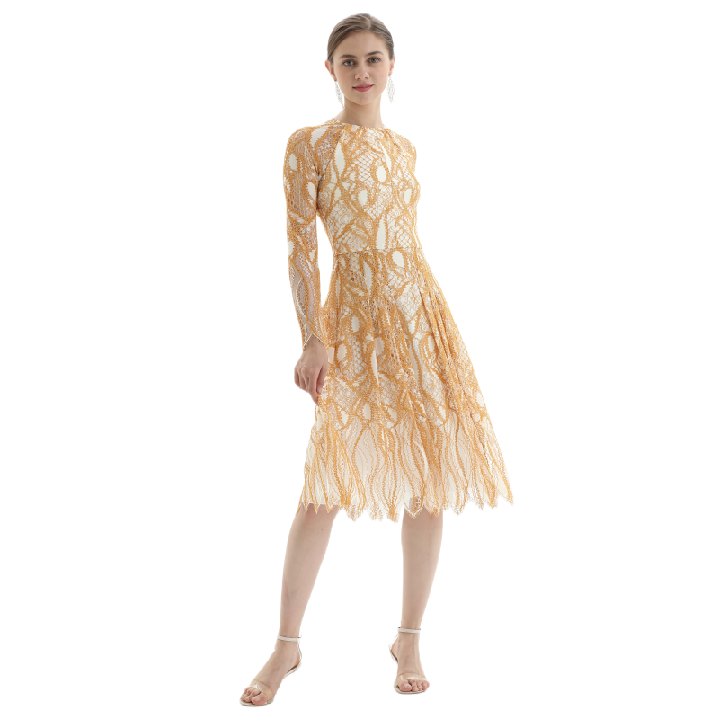 JJparty-D080-1 Women fashion eyelash lace long sleeves flared pleated party midi dress