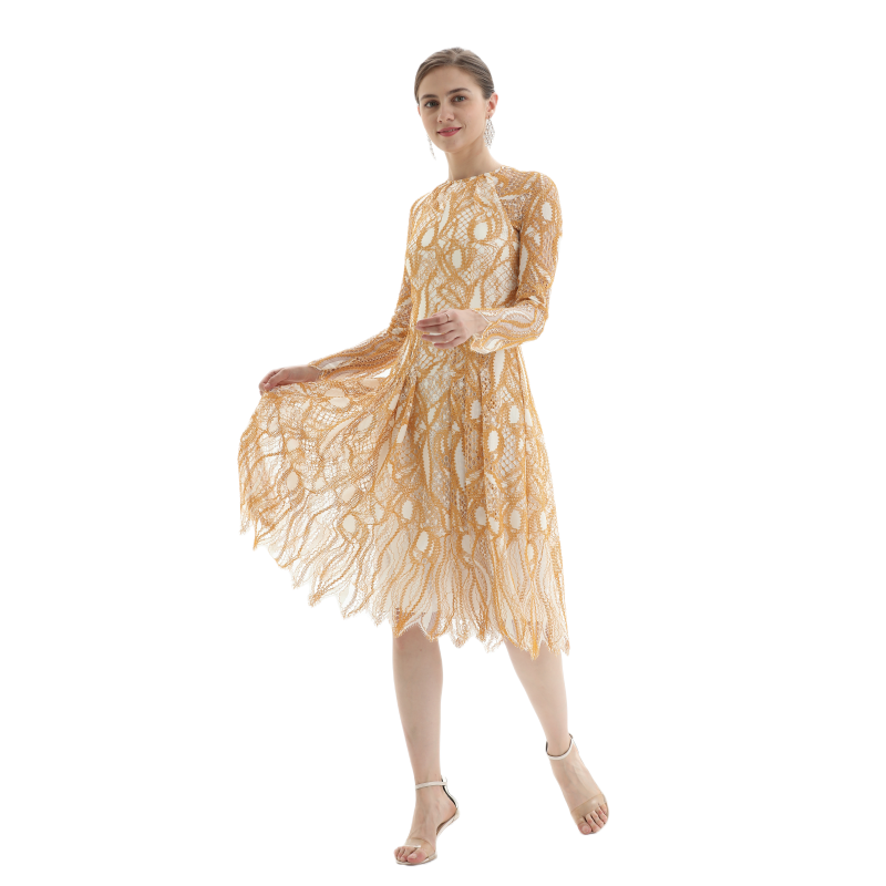 JJparty-D080-1 Women fashion eyelash lace long sleeves flared pleated party midi dress