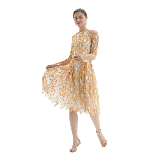 JJparty-D080-1 Women fashion eyelash lace long sleeves flared pleated party midi dress