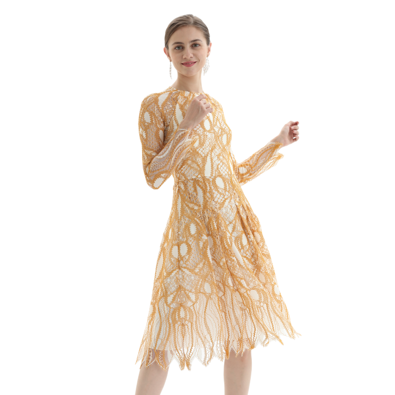 JJparty-D080-1 Women fashion eyelash lace long sleeves flared pleated party midi dress