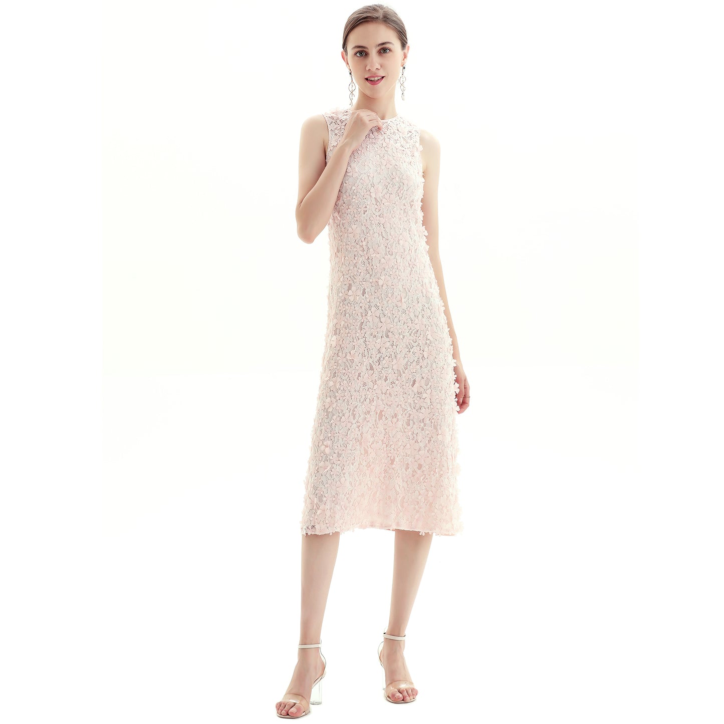JJparty-D117-1 Women 3D flower embroidered lace sleeveless straight-cut party midi dress