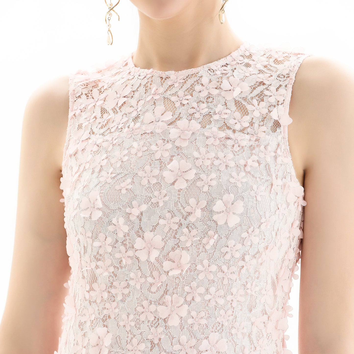 JJparty-D117-1 Women 3D flower embroidered lace sleeveless straight-cut party midi dress