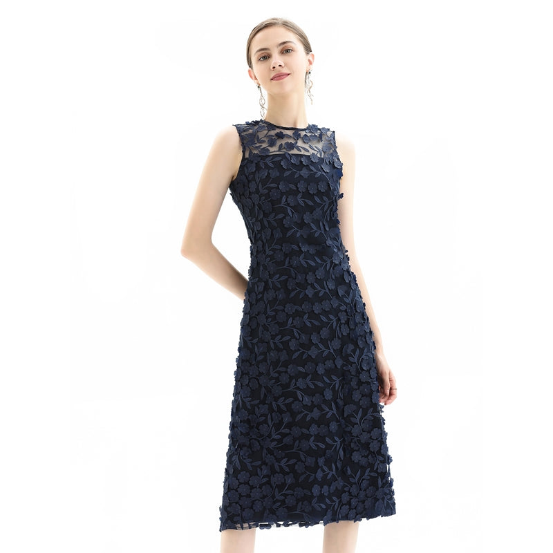 JJparty-D117 Women 3D flower embroidered tulle sleeveless straight-cut party midi dress