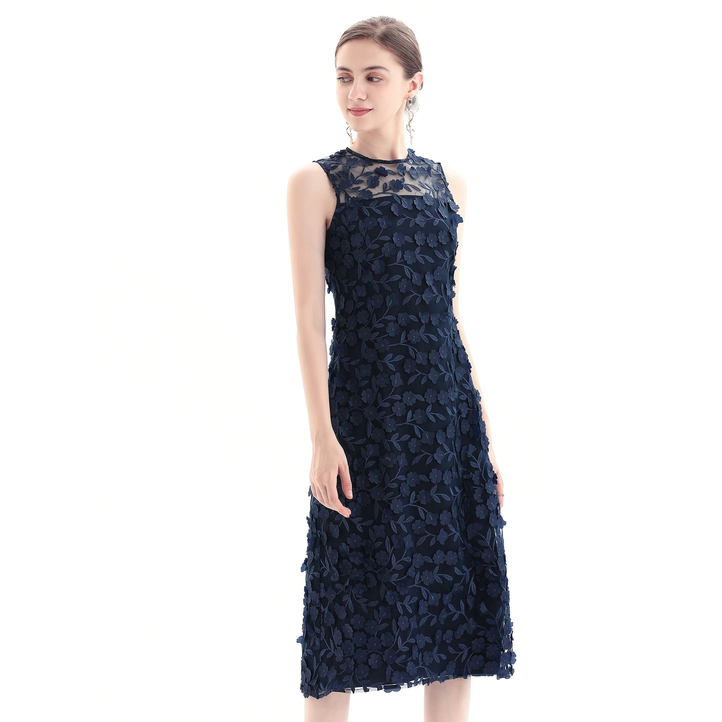 JJparty-D117 Women 3D flower embroidered tulle sleeveless straight-cut party midi dress