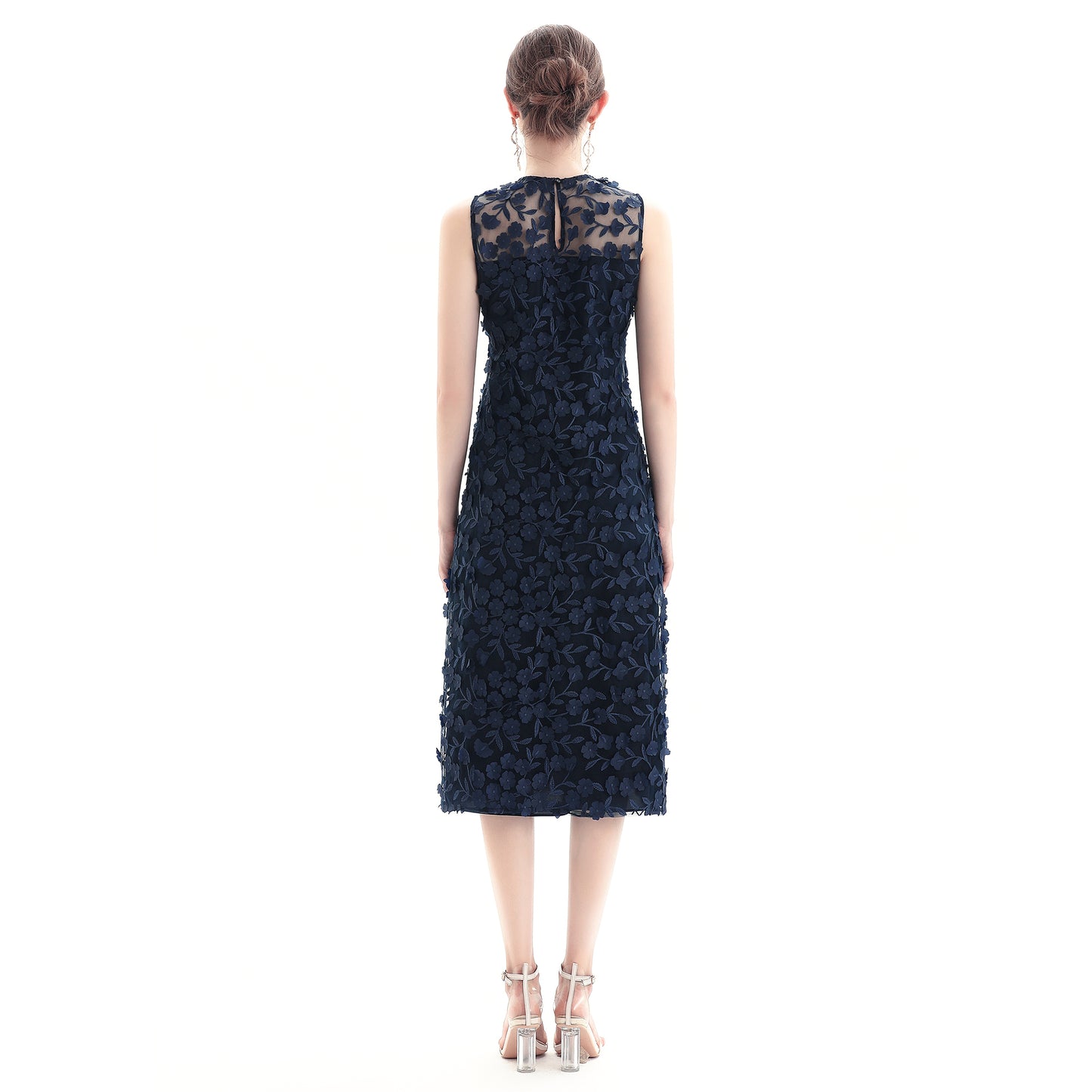 JJparty-D117 Women 3D flower embroidered tulle sleeveless straight-cut party midi dress