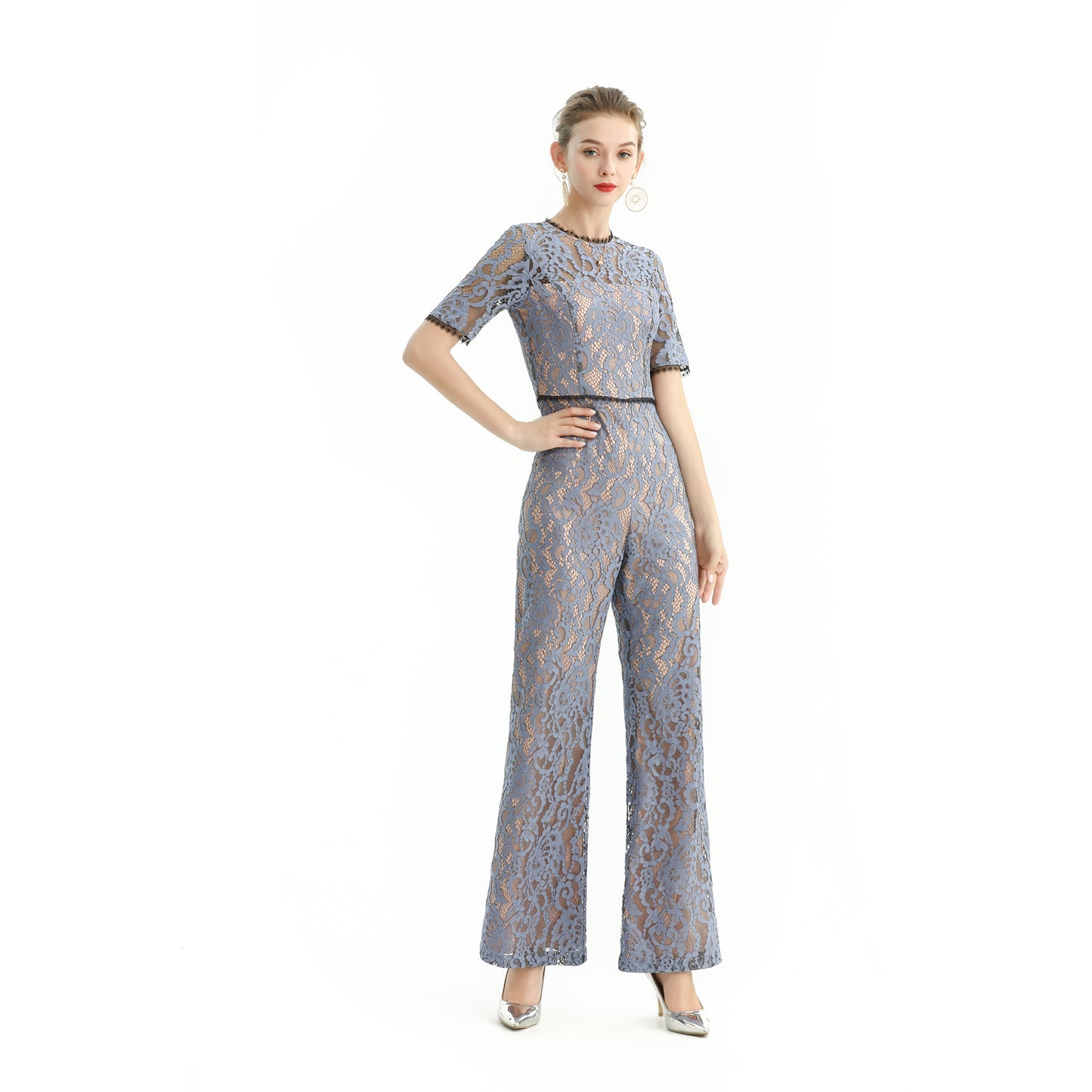 JJparty-R163 Women all-over lace short sleeves party jumpsuit