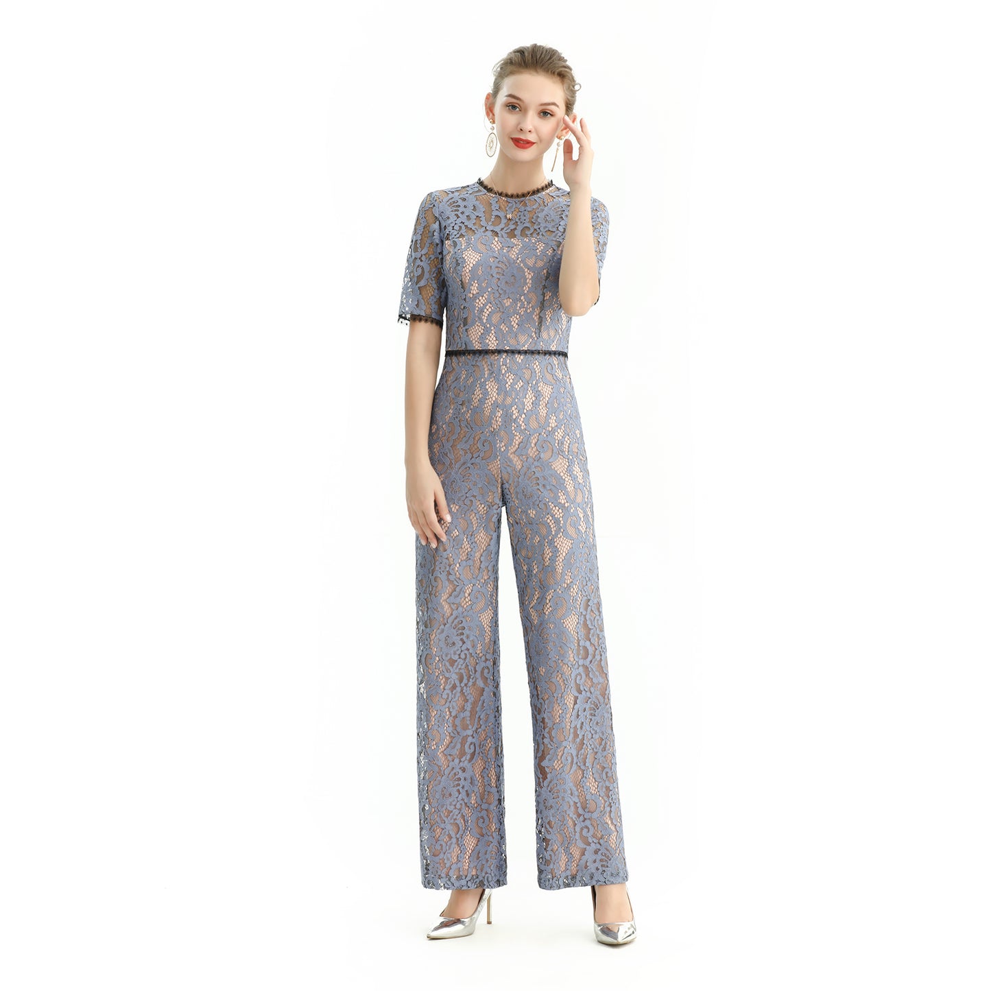 JJparty-R163 Women all-over lace short sleeves party jumpsuit