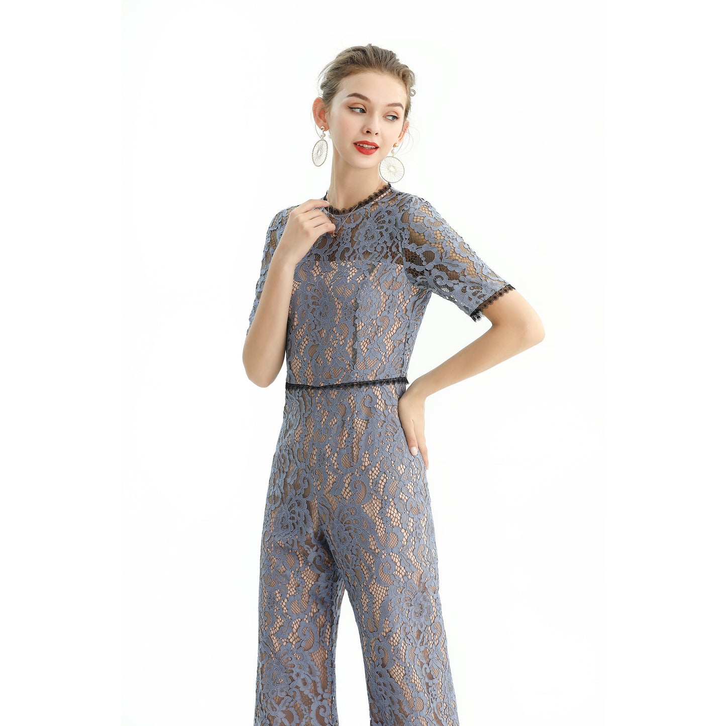 JJparty-R163 Women all-over lace short sleeves party jumpsuit