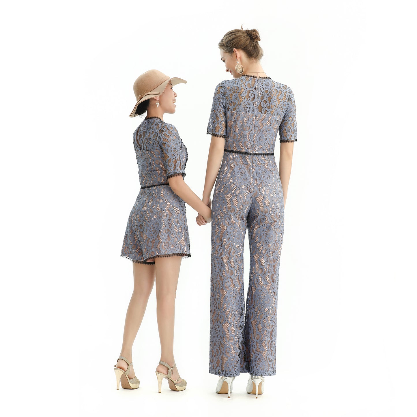 JJparty-R163 Women all-over lace short sleeves party jumpsuit