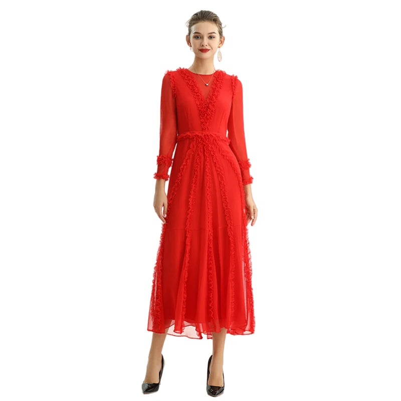 JJparty-D084-2 Women silk plissé chiffon three quarters sleeves ruffle detailed midi party dress