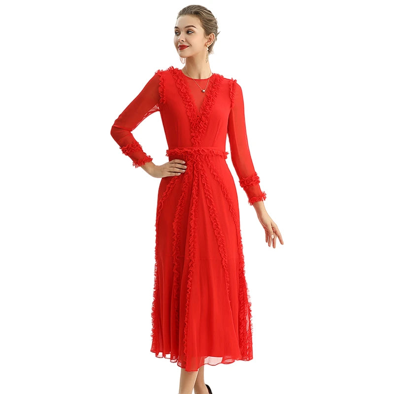 JJparty-D084-2 Women silk plissé chiffon three quarters sleeves ruffle detailed midi party dress
